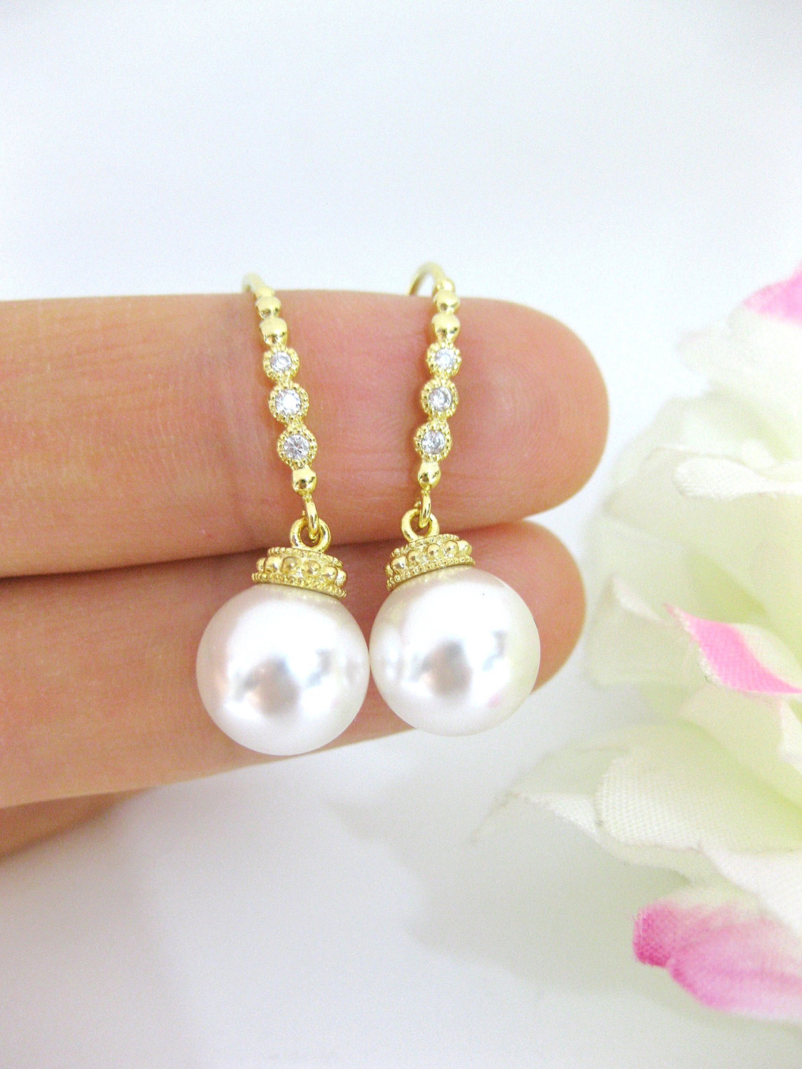 Bridal Pearl Earrings Wedding Pearl Earrings Swarovski 10mm Pearl Gold Earrings Wedding Jewelry Bridesmaid Gift Dangle Drop Earrings (e132)