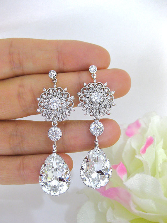 Bridal Crystal Teardrop Earrings Chandelier Earrings Wedding Earrings Swarovski Crystal Floral Earrings Bridesmaids Gift (e123)
