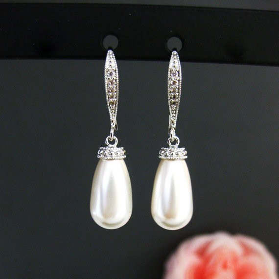 Bridal Pearl Earrings Teardrop Pearl Earrings Swarovski Pearl Earrings Bridesmaids Gift Wedding Jewelry Cubic Zirconia Earrings (e069)