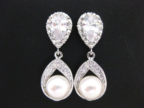 Bridal Pearl Earrings Wedding Jewelry Swarovski Round 8mm Pearl Teardrop Dangle Earrings Bridesmaid Gift Cubic Zirconia Earrings (E016)