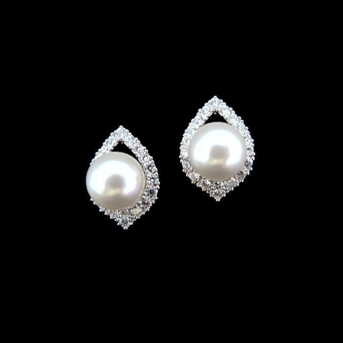 Bridal Pearl Earrings Lux Cubic Zirconia Teardrop Stud Earrings Swarovski 8mm Pearl Wedding Jewelry Bridesmaids Gift Sparky Earrings (e186)