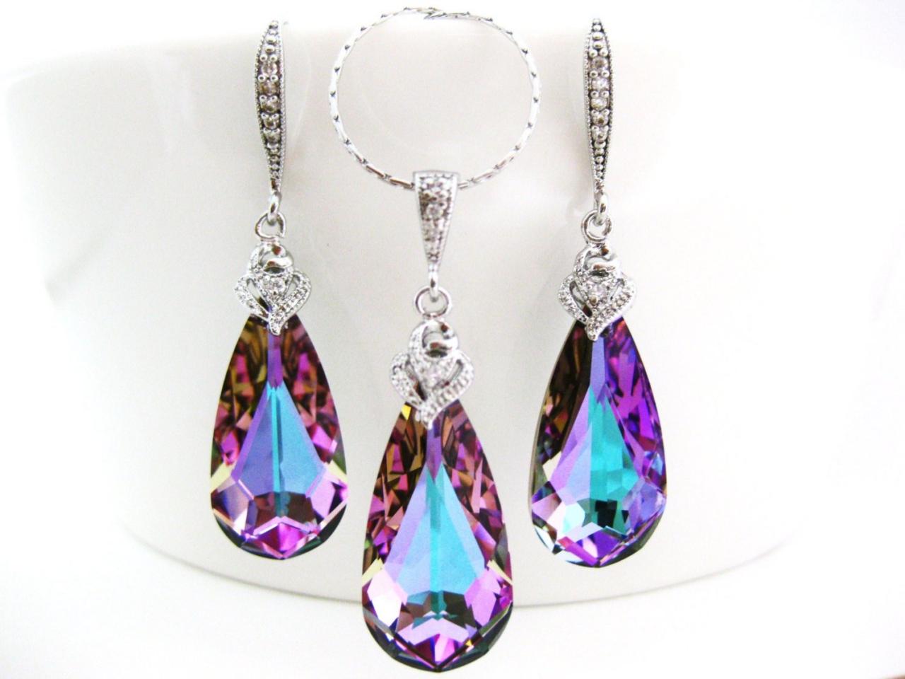 Vitrail Light Swarovski Crystal Teardrop Earrings & Necklace Gift Set Purple Earrings Pink Jewelry Wedding Jewelry Bridal Jewelry