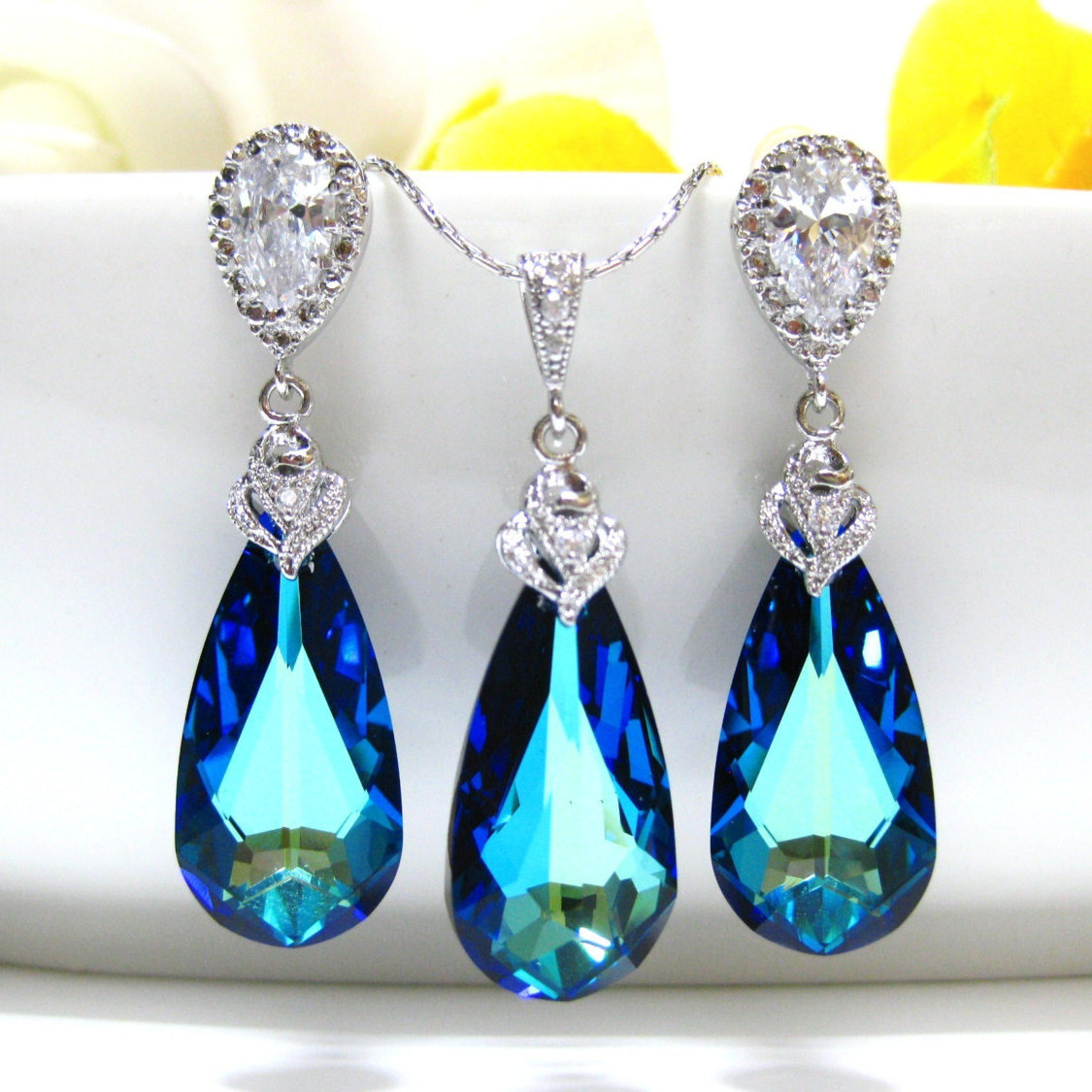 Bermuda Blue Swarovski Teardrop & Earrings Necklace Set Bridal Blue Jewelry Bridesmaid Gift Swarovski Crystal Wedding Jewelry (ne003)