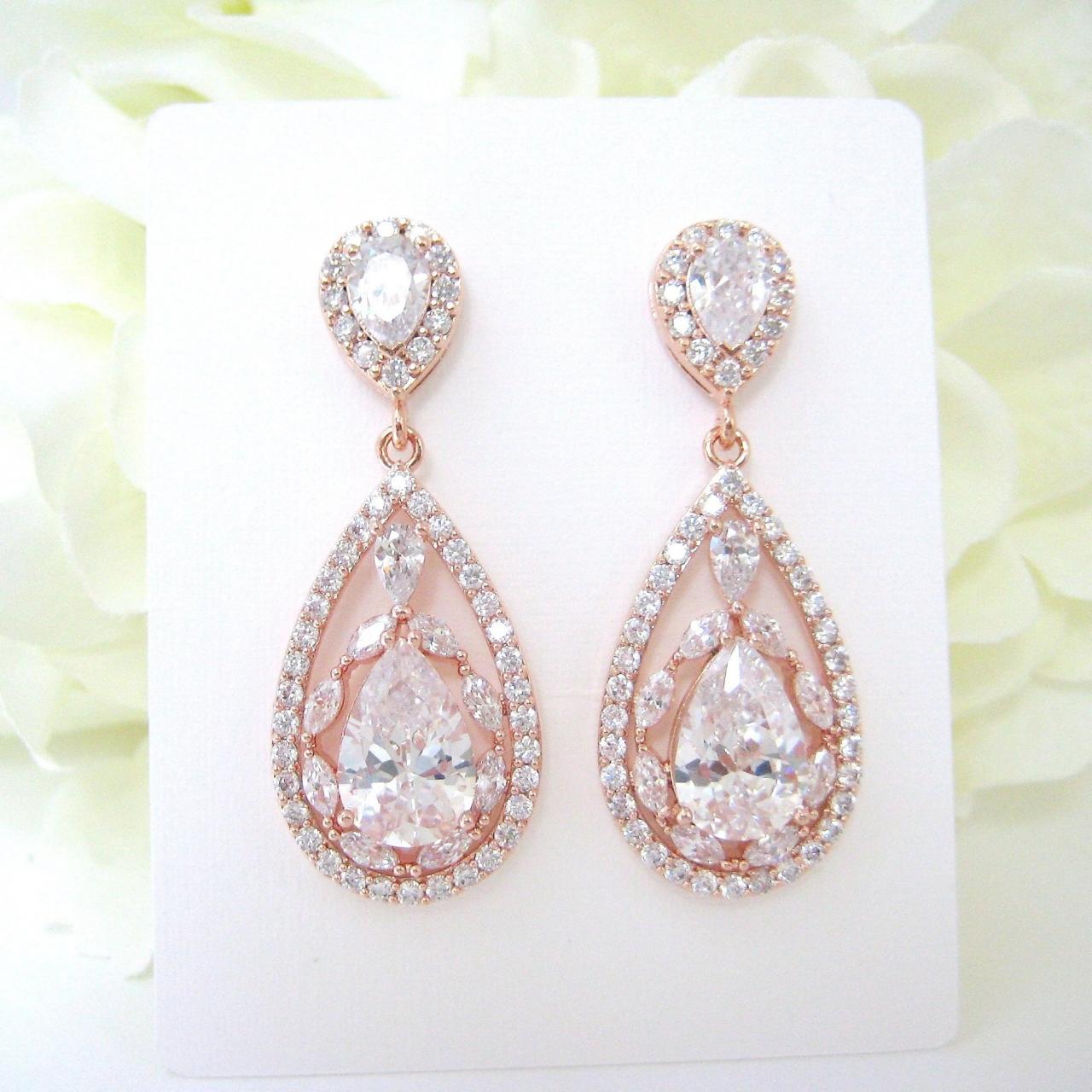 Crystal Bridal Earrings In Rose Gold, Clear Cubic Zirconia Teardrop Earrings, Wedding Jewelry Chandelier Earrings Bridesmaid Gift (e207)