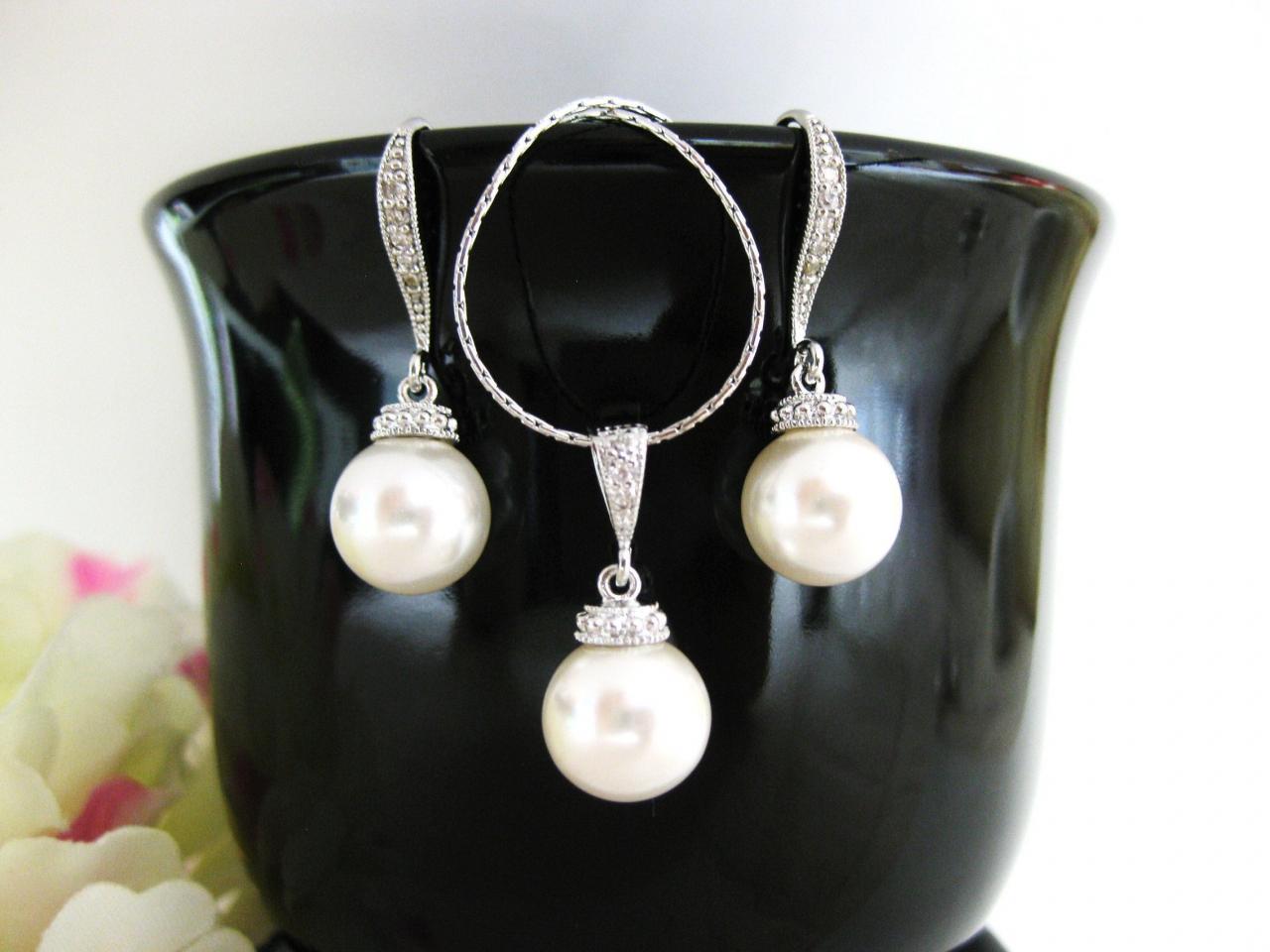 Bridal Pearl Earrings & Necklace Gift Set, Swarovski 10mm Round Pearl, Wedding Bridesmaid Gift, Bridal Party Jewelry (ne030)