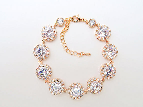 Rose Gold Bridal Bracelet Wedding Bracelet Crystal Clear Bracelet Cubic Zirconia Bracelet Round Bracelet Wedding Jewelry (b005)