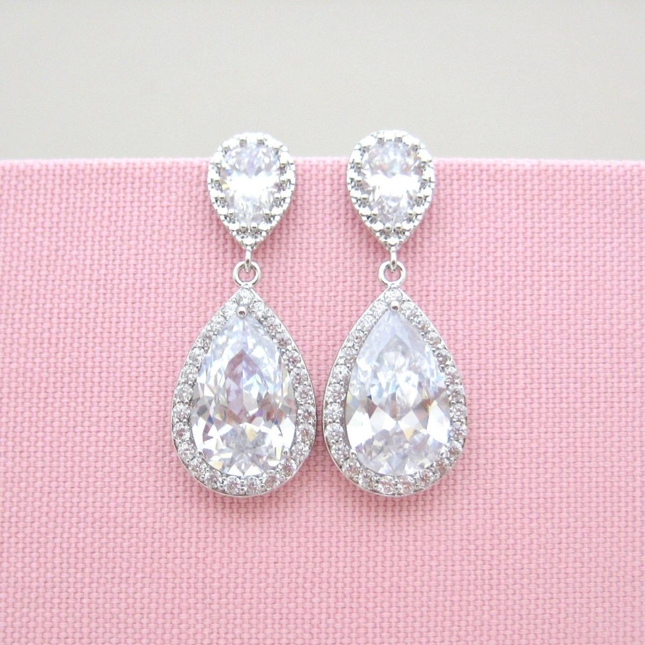 Bridal Earrings, Crystal Wedding Earrings, Clear Crystal Drop Earrings, Silver Zirconia Earrings, Teardrop Earrings, Bridesmaid Gift (e310)