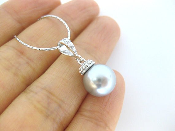 Bridal Light Grey Pearl Necklace Single Pearl Pendant Swarovski 10mm Pearl Cubic Zirconia Necklace Wedding Jewelry Bridesmaids Gift (n038)