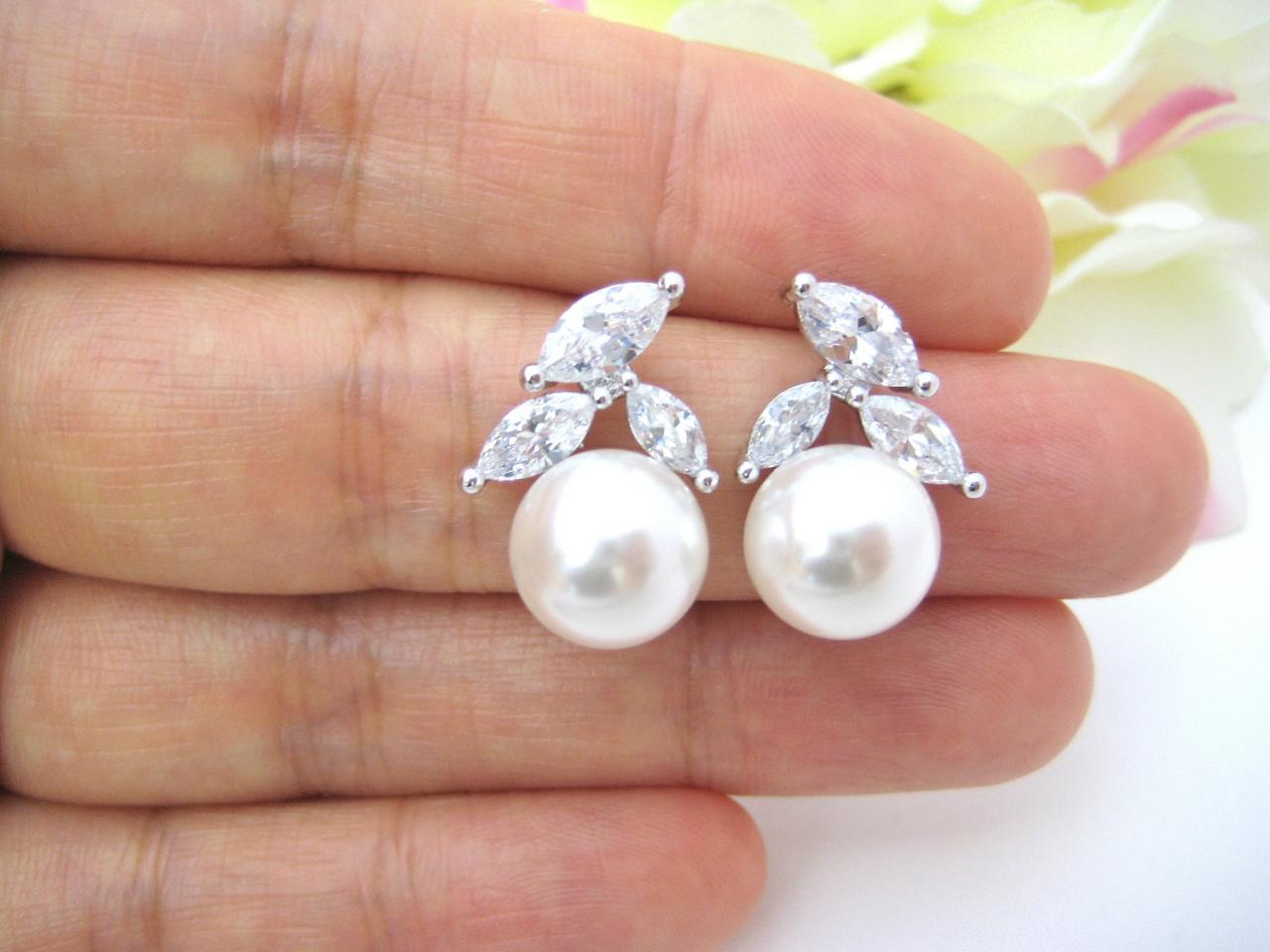 Bridal Pearl Earrings Wedding Jewelry Cubic Zirconia Stud Earrings Swarovski 10mm Pearl Bridesmaids Gift Crystal Stud Earrings