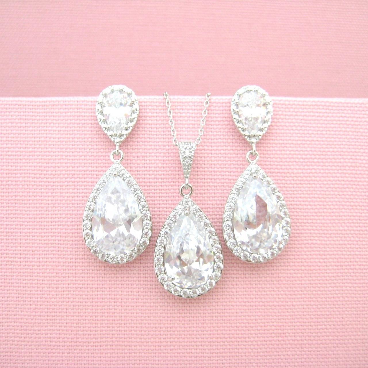 Bridal Crystal Earrings & Necklace Gift Set Cubic Zirconia Teardrop Earrings Wedding Jewelry Drop Dangle Earrings Bridesmaid Gift (ne039)