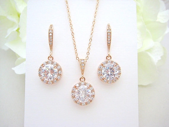 Rose Gold Crystal Earrings & Necklace Gift Set Cubic Zirconia Halo Earrings Bridal Earrings Vintage Button Earrings Wedding Jewelry