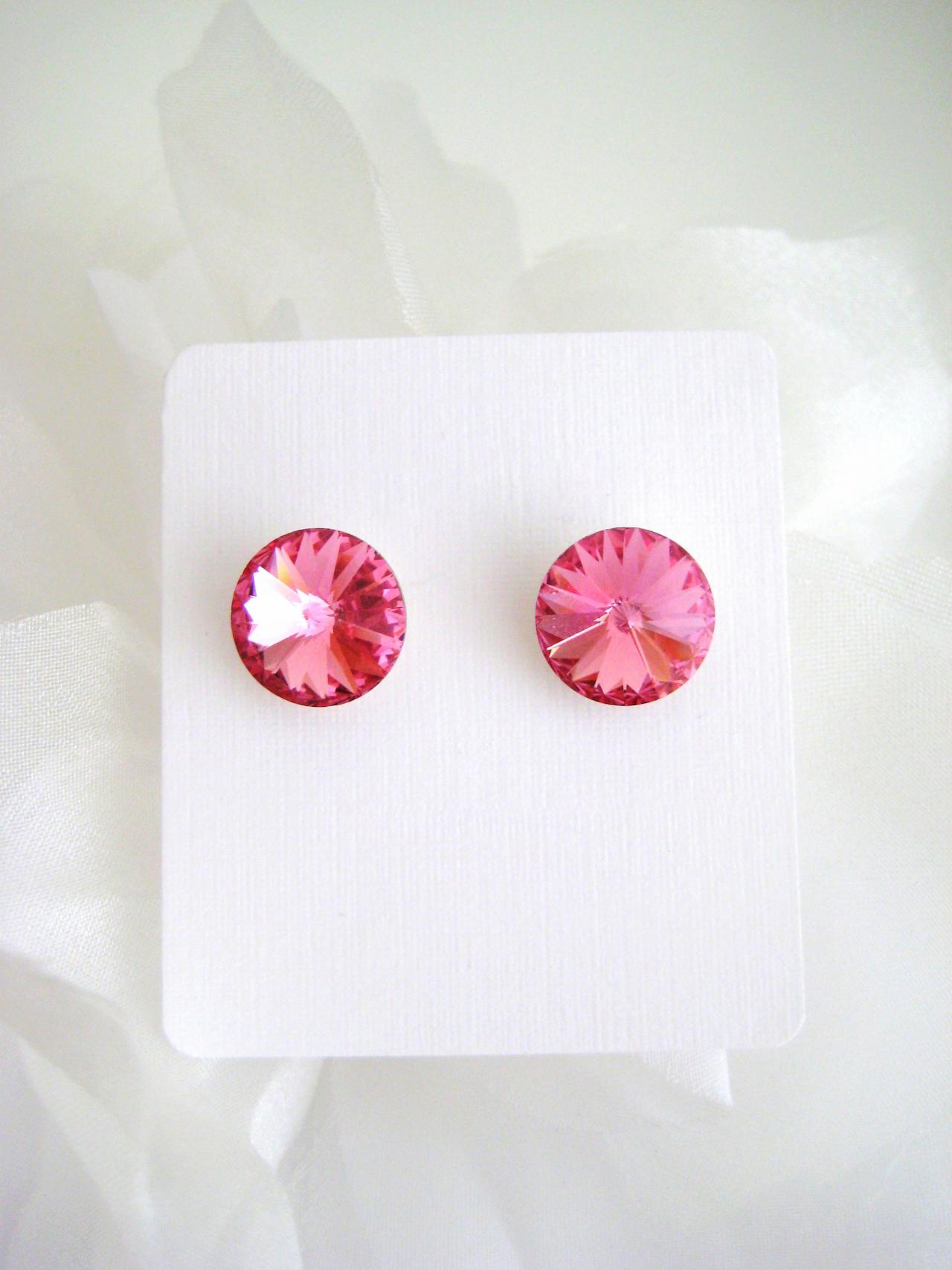 Ruby Pink Crystal Stud Earrings Swarovski 12mm Crystal Pink Wedding Earrings Bridesmaid Gift Valentine's Day Gift Birthday Gift (e314)