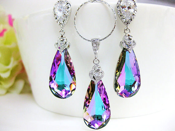 Vitrail Light Teardrop Earrings & Necklace Gift Set Pink Purple Jewelry Set Swarovski Crystal Bridal Jewelry Wedding Jewelry (ne009)