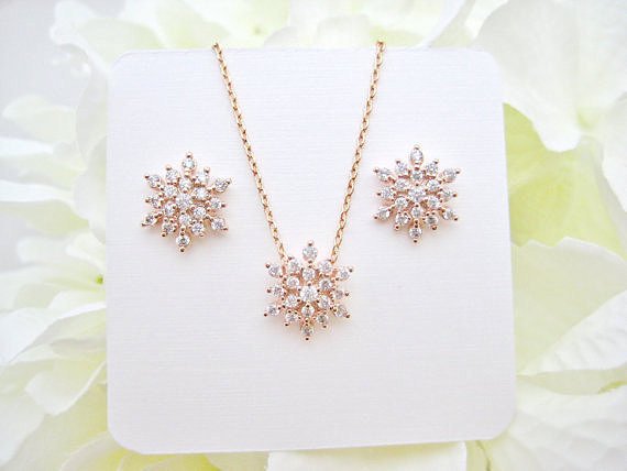 Rose Gold Snowflake Earrings & Necklace Gift Set Cubic Zirconia Snow Stud Earrings Wedding Jewelry Bridesmaids Gift Christmas Gift (e082)