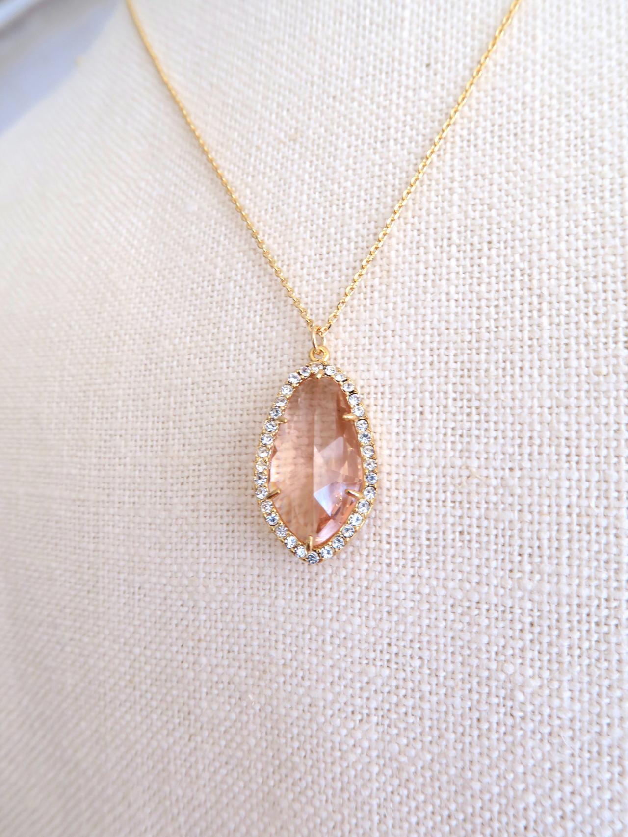 Champagne Peach Teardrop Necklace Crystal Charm Necklace Wedding Pendant Jewelry Bridal Necklace Bridesmaids Gift Birthday Gift (n013)