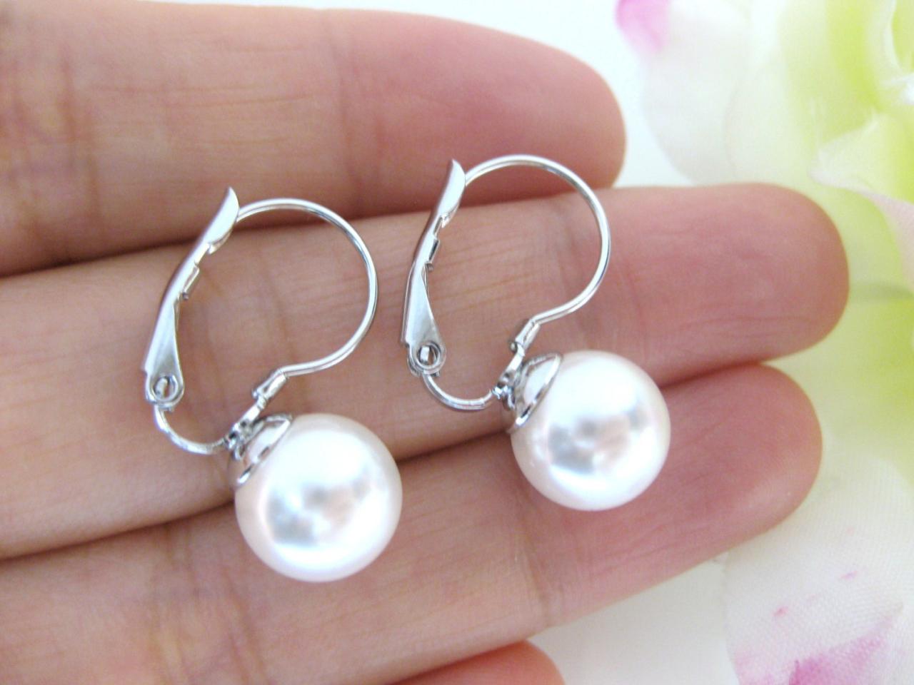 Swarovski Round 8mm Or 10mm Pearl Earrings Leverback Earrings Drop Earrings Wedding Jewelry Bridesmaid Gift Bridal Earrings (e118)