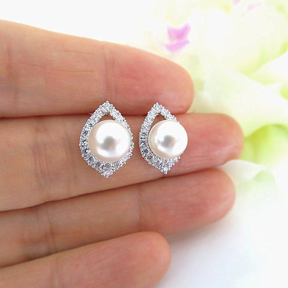 Bridal Pearl Stud Earrings Swarovski 8mm Pearl Wedding Jewelry Bridesmaids Earrings Sparky Cubic Zirconia Stud Earrings Mother's Day