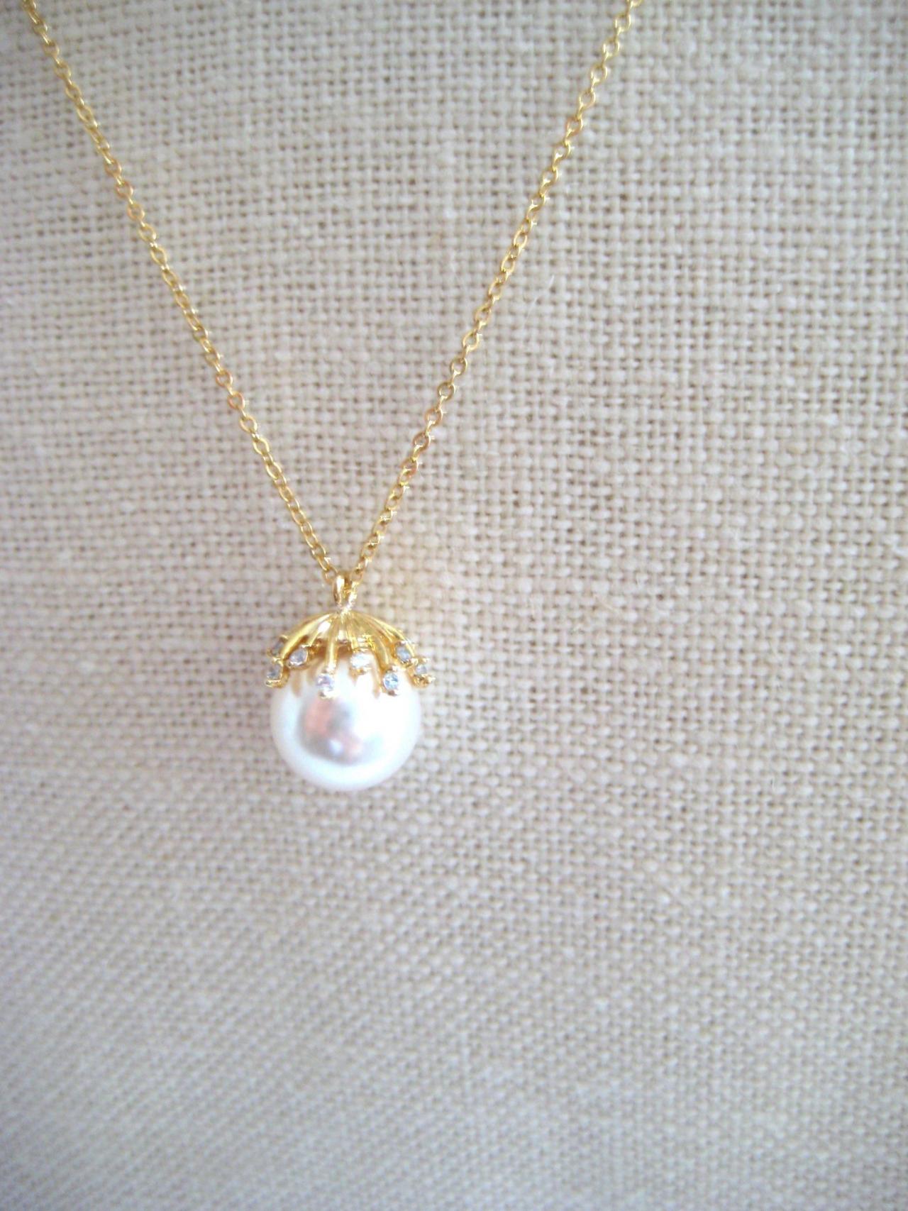 Bridal Pearl Necklace Gold Starburst Charm Necklace Wedding Pearl Jewelry Swarovski 10mm Pearl Bridesmaid Gift Single Pearl Necklace (n301)