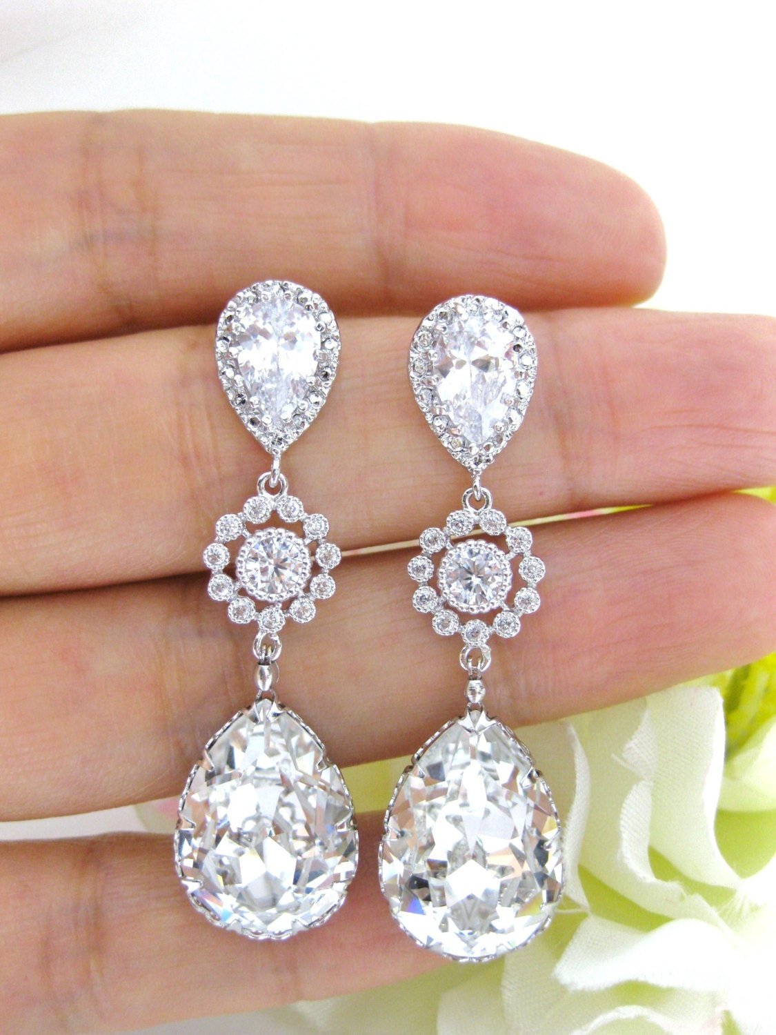 Bridal Crystal Earrings Swarovski Clear Crystals Wedding Jewelry Bridesmaid Gift Teardrop Earrings Long Bridal Earrings (e112)