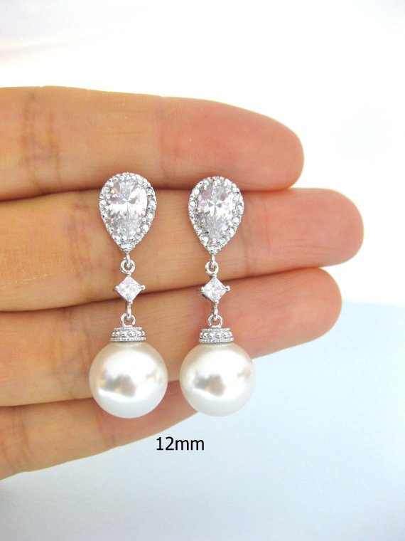 Bridal Pearl Earrings Wedding Pearl Earrings Cubic Zirconia Earrings Swarovski 12mm Pearl Wedding Jewelry Long Bridal Earrings (e138)