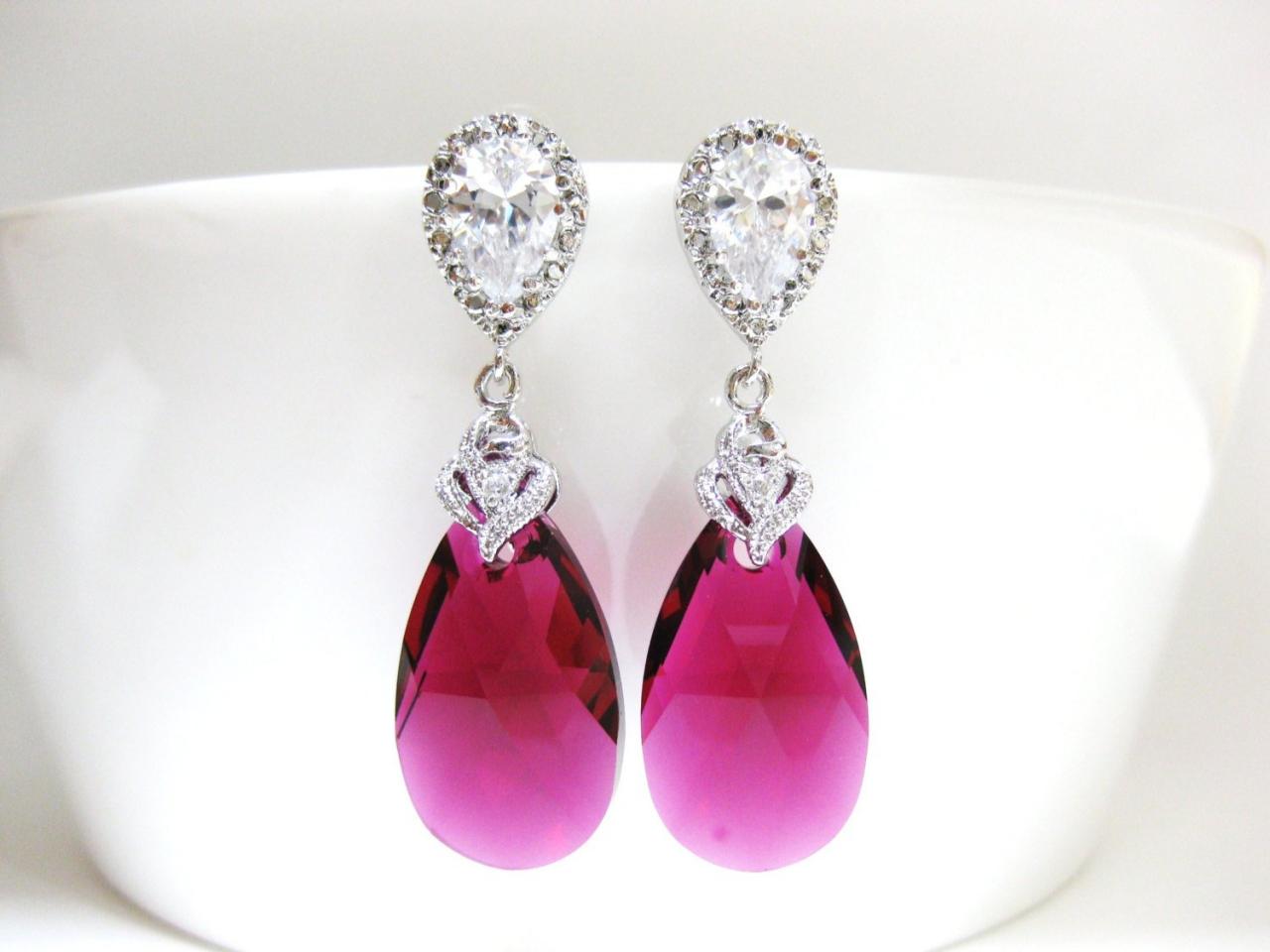 Bridal Ruby Earrings Swarovski Fuchsia Teardrop Earrings Pink Earrings Cubic Zirconia Earrings Wedding Jewelry Bridesmaids Gift (e038)