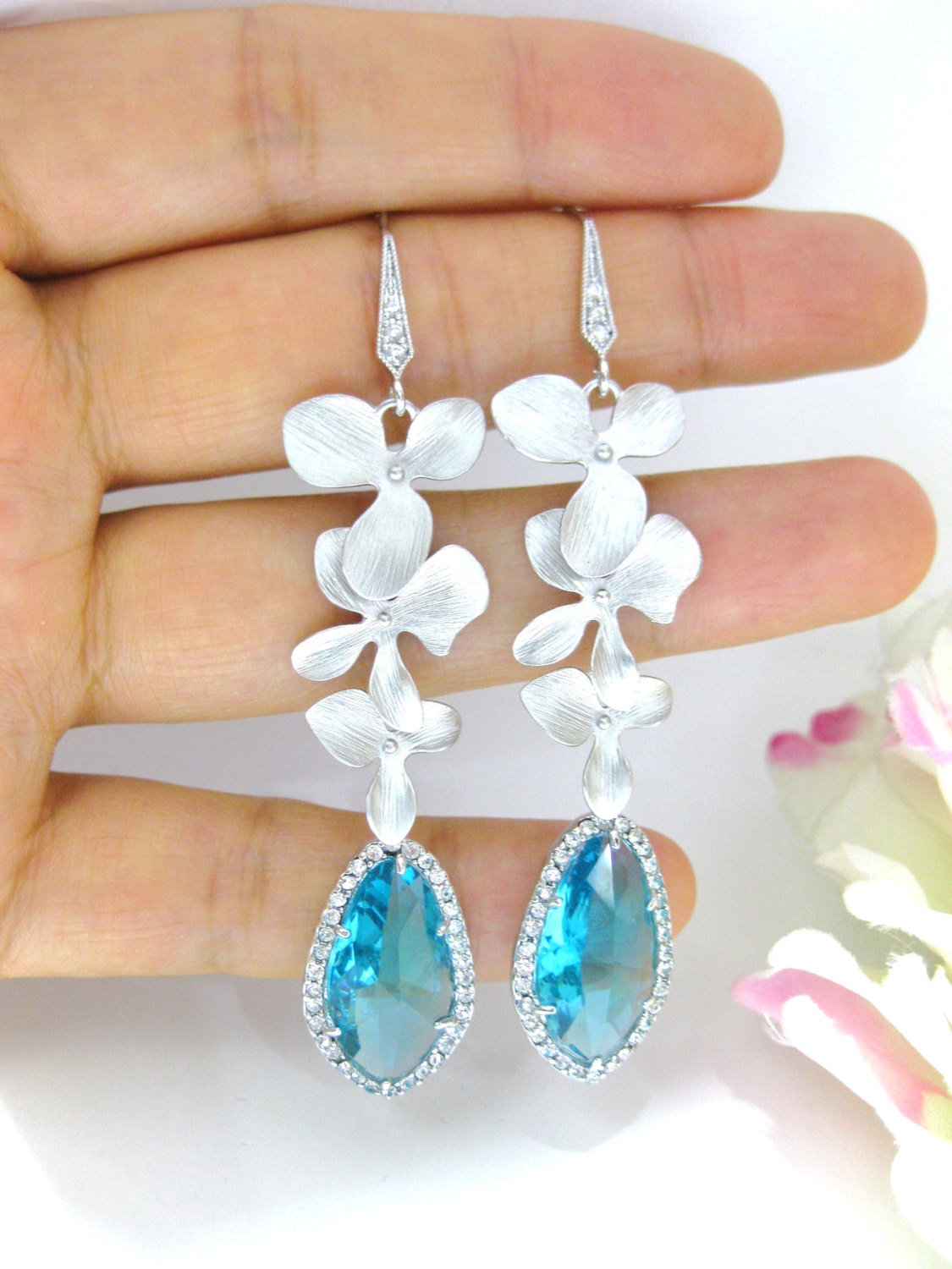 Light Blue Crystal Earrings, Teal Blue Chandelier Earrings, Bridal Long Dangle Earrings, Wedding Jewelry Silver Flower Earrings (e161)