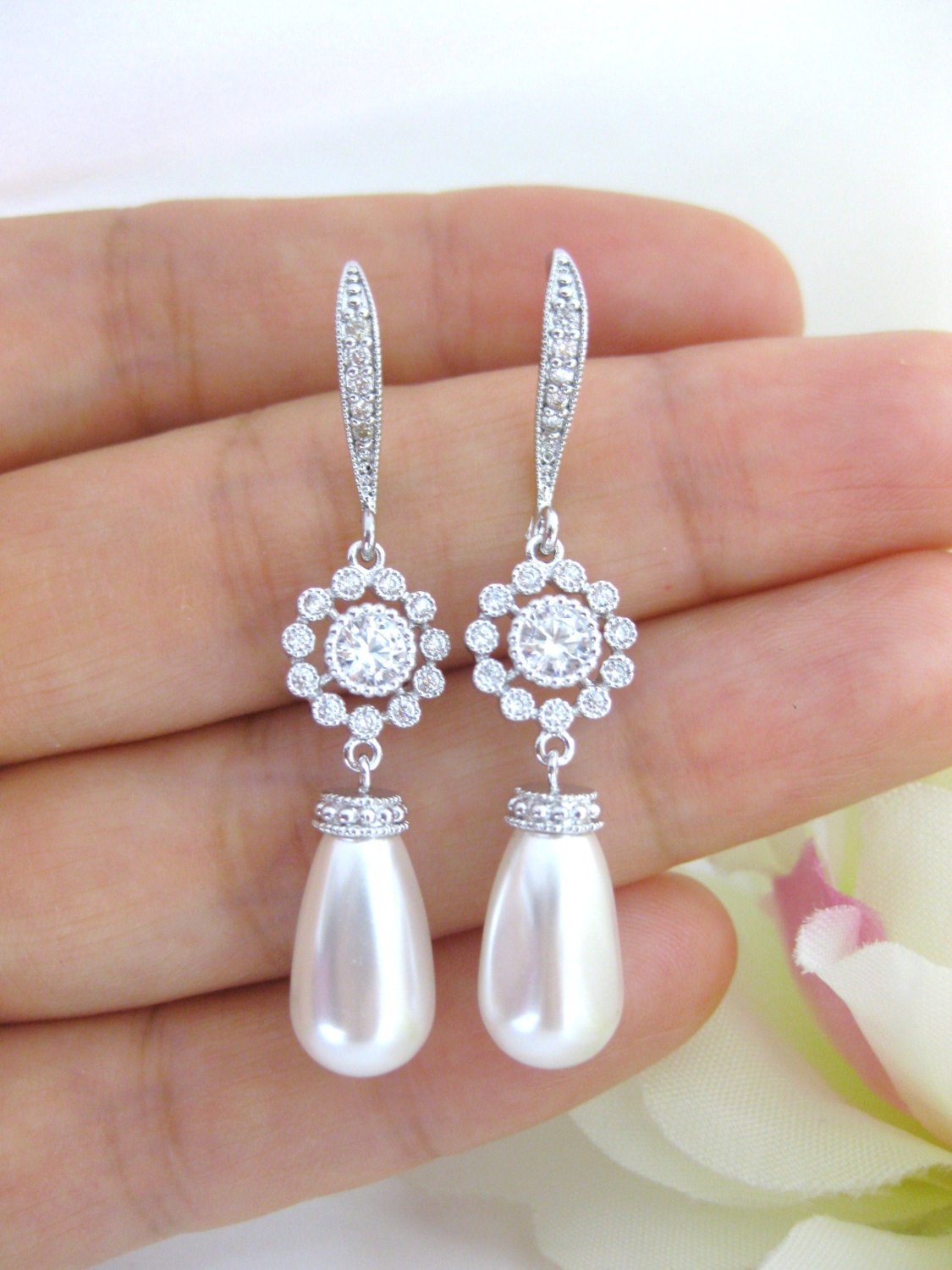 Bridal Pearl Earrings Teardrop Pearl Earrings Swarovski Teardrop Pearl Wedding Jewelry Bridesmaid Gift Long Bridal Earrings (e115)