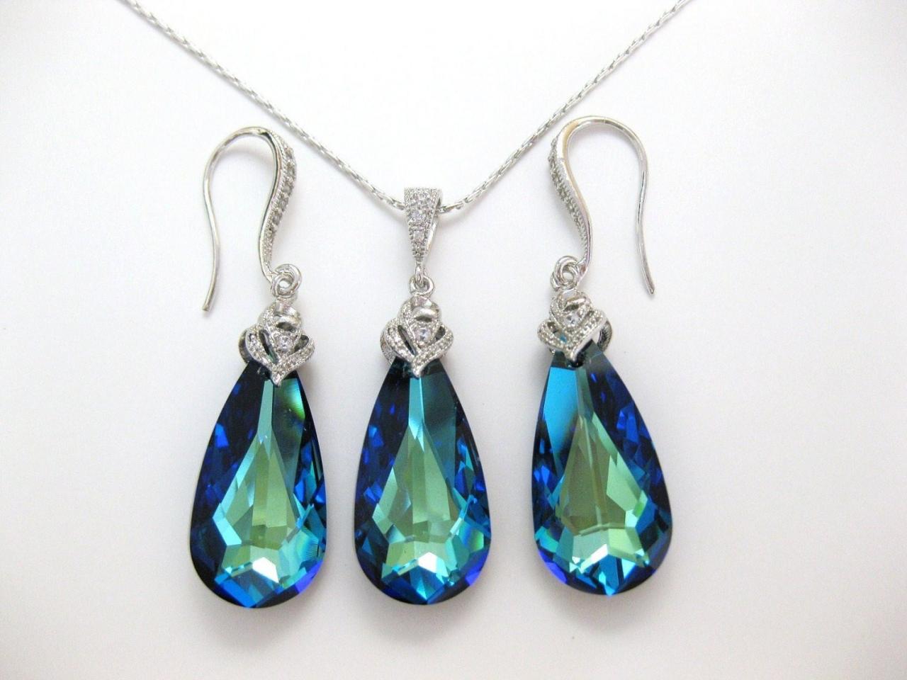 Bermuda Blue Earrings & Necklace Gift Set Swarovski Crystal Teardrop Bridesmaid Gift Bridal Earrings Wedding Jewelry Blue Jewelry (NE001)