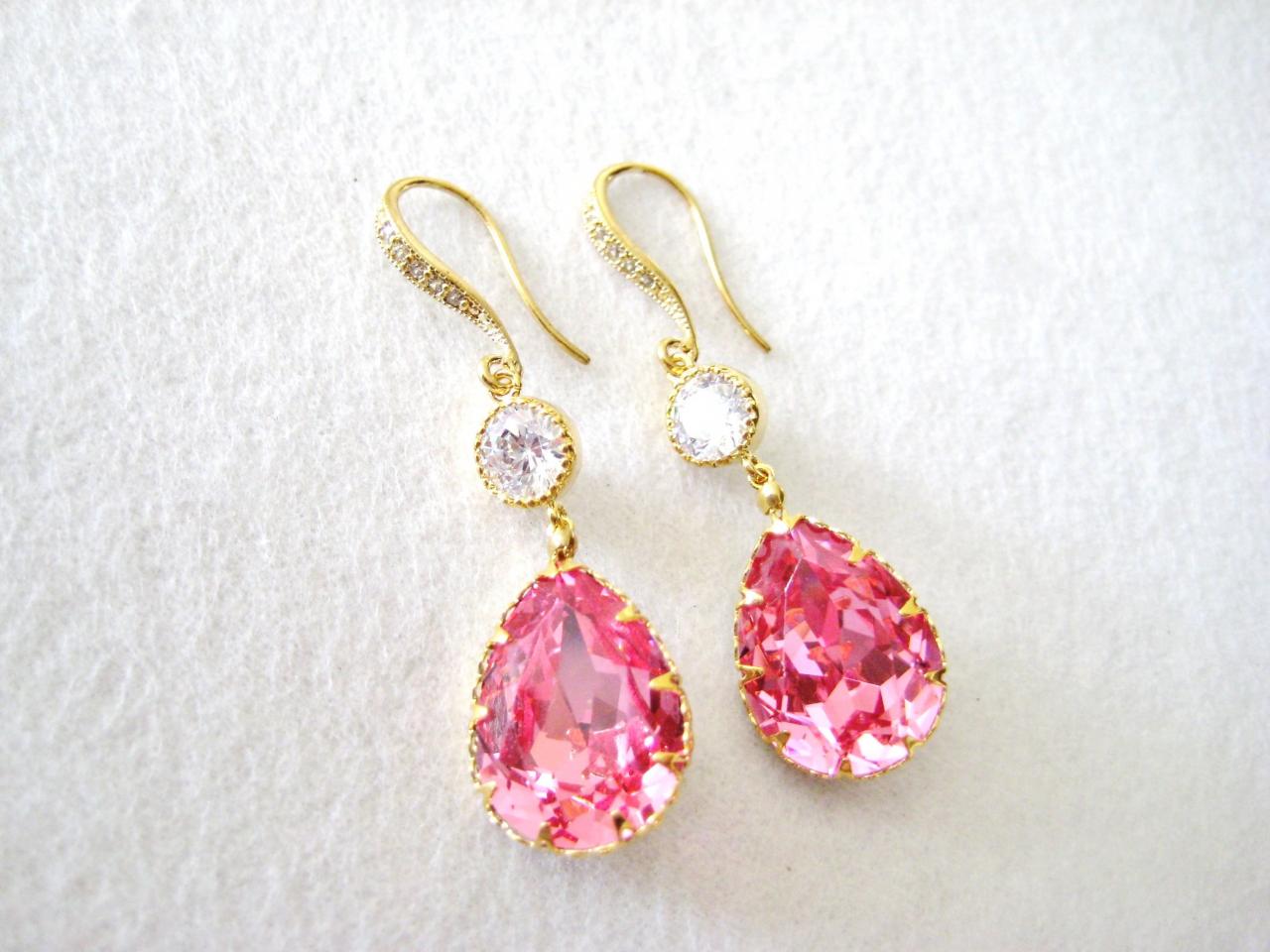 Ruby Pink Earrings Swarovski Crystal Teardrop Pink Earrings Long Dangle Crystal Wedding Earring on Luulla