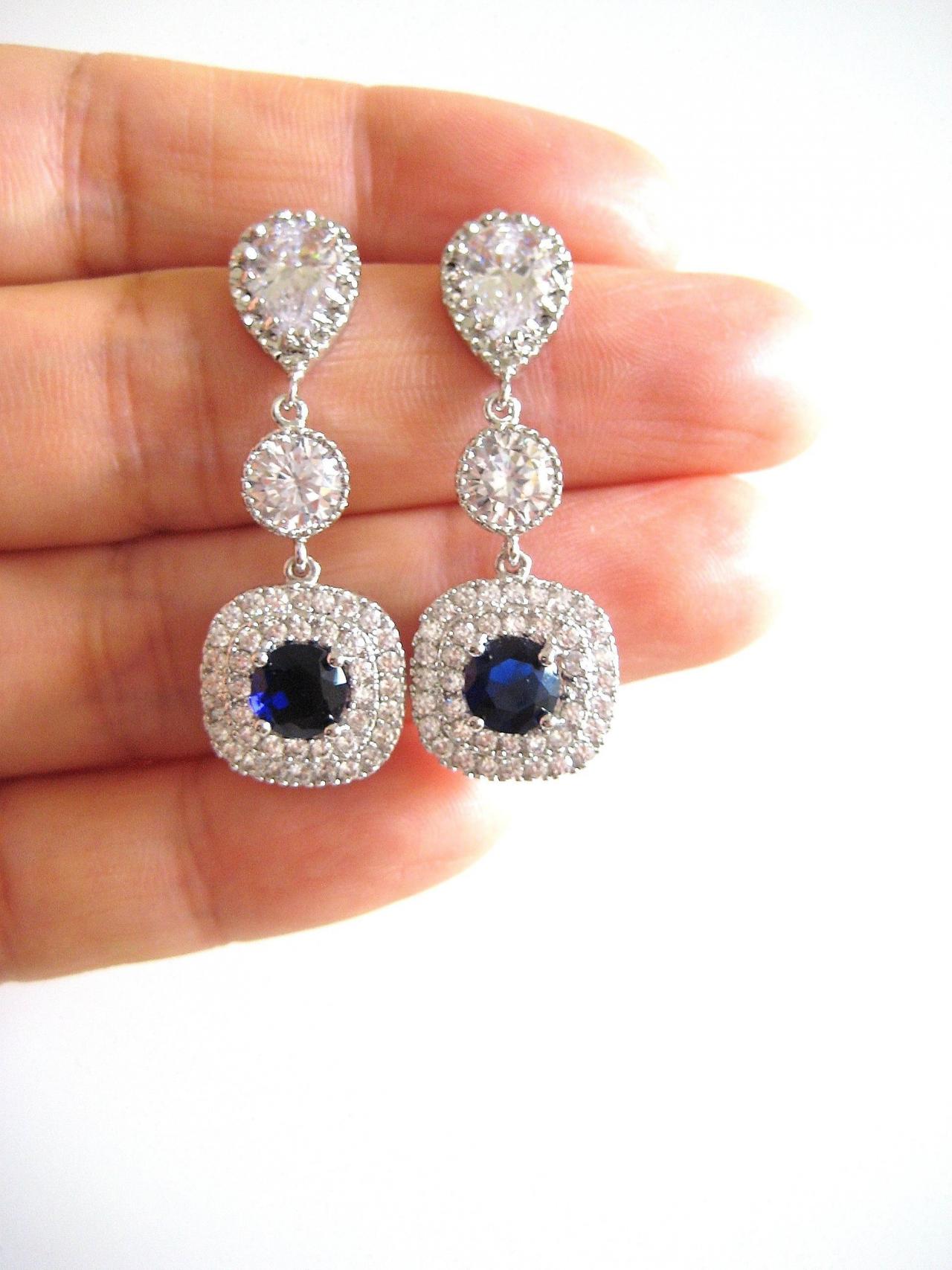 Sapphire Blue Earrings Bridal Halo Style Square Cubic Zirconia Wedding Earrings Bridal Drop Earrings Something Blue Christmas Gift (e130)