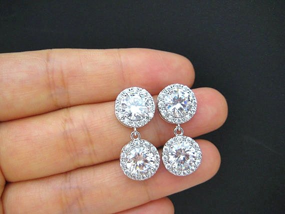 Bridal Cubic Zirconia Earrings 12mm Halo Style Earrings Bridesmaids Gift Wedding Jewelry Vintage Style Button Earrings Clear Crystal (e304)