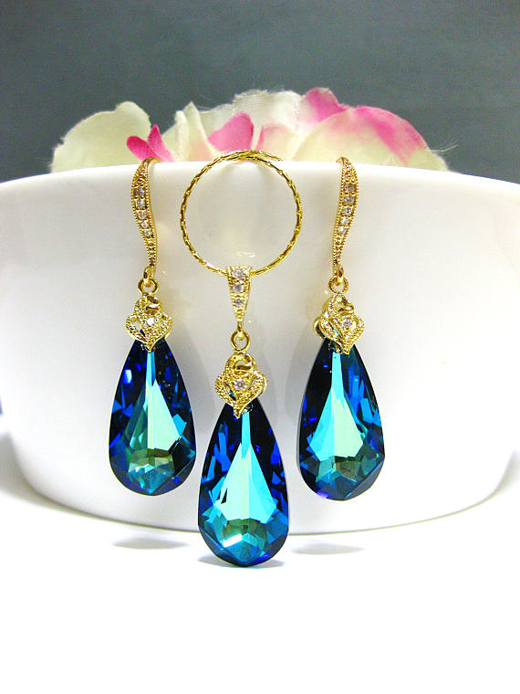 Bermuda Blue Earrings & Necklace Gift Set Swarovski Crystal Teardrop Gold Earrings Wedding Jewelry Bridesmaid Gift Bridal Jewelry (ne001)