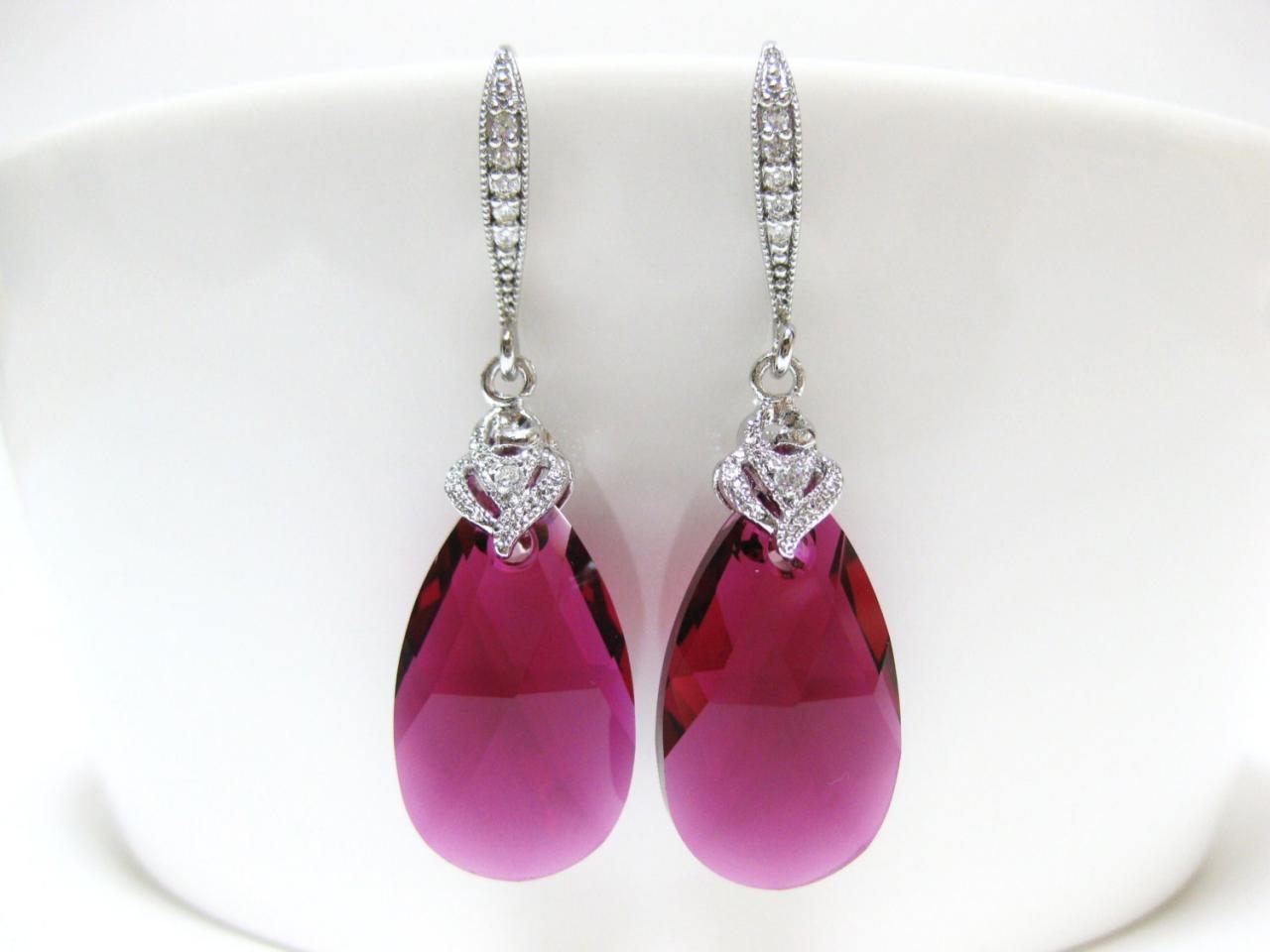 Ruby Teardrop Earrings Fuchsia Earrings Swarovski Crystal Pink Earrings Wedding Jewelry Bridal Drop Earrings Bridesmaids Gift (e023)