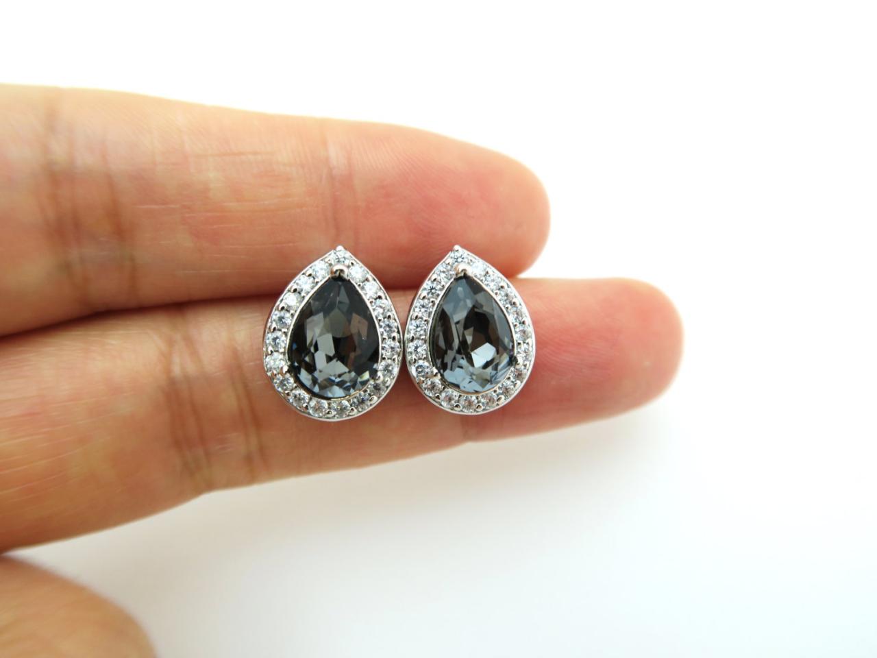 Silver Night Black Earrings Swarovski Crystal Teardrop Stud Earrings Wedding Jewelry Bridesmaid Gift Black Earrings (e303)