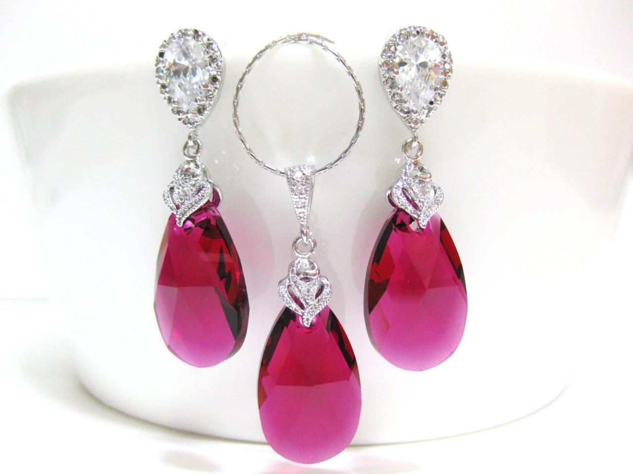 Ruby Crystal Earrings & Necklace Gift Set Swarovski Fuchsia Teardrop Pink Earrings Wedding Jewelry Bridal Jewelry Red Earrings (ne027)