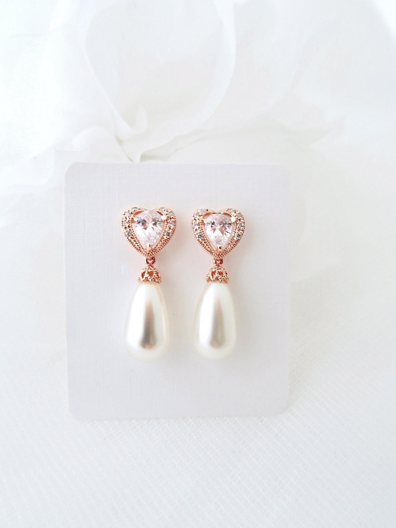 Rose Gold Bridal Pearl Earrings Wedding Earrings Swarovski Teardrop Pearl Heart-shaped Cubic Zirconia Earrings Bridesmaid Gift (e140)