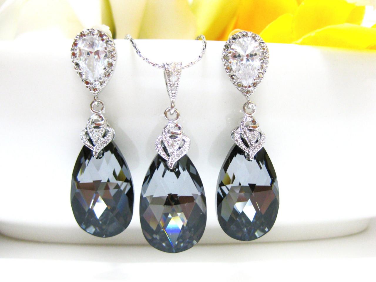 Swarovski Silver Night Black Crystal Teardrop Earrings & Necklace Bridal Jewelry Wedding Jewelry Bridesmaids Gift Charcoal Jewelry