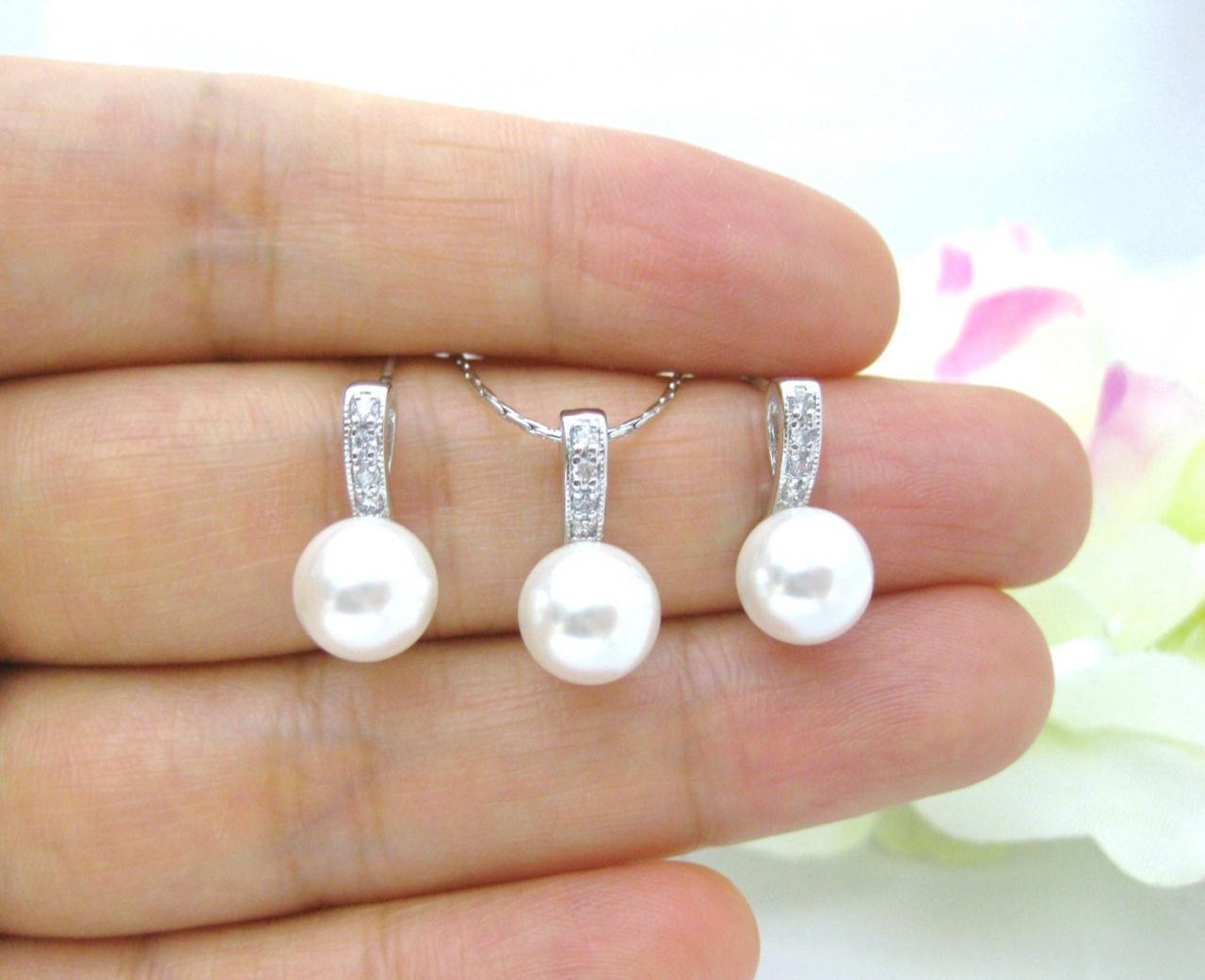 Bridal Pearl Earrings & Necklace Gift Set Swarovski Crystal 8mm Or 10mm Pearl Wedding Jewelry Bridesmaids Gift Pearl Stud Earrings