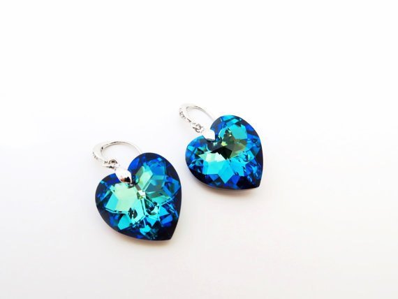 Swarovski Bermuda Blue Heart Crystal Earrings Blue Earrings Valentine's Day Gift Bridal Drop Earrings Wedding Jewelry Bridesmaid Gift