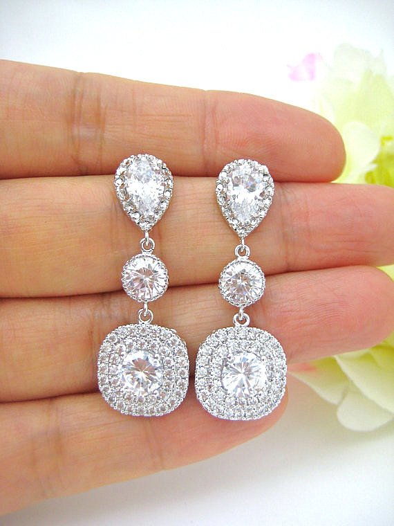 Bridal Cubic Zirconia Earrings Square Cut Earrings Halo Style Drop Earrings Bridal Crystal Earrings Wedding Jewelry Bridesmaids Gift (e130)