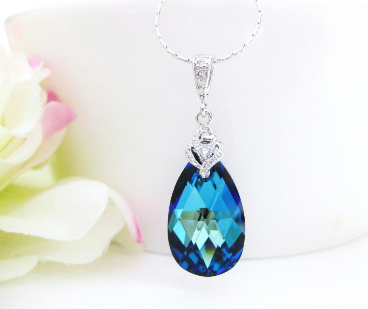 Bermuda Blue Swarovski Crystal Teardrop Necklace Wedding Jewelry Bridal Teardrop Necklace Bridesmaid Gift Blue Crystal Necklace (n035)