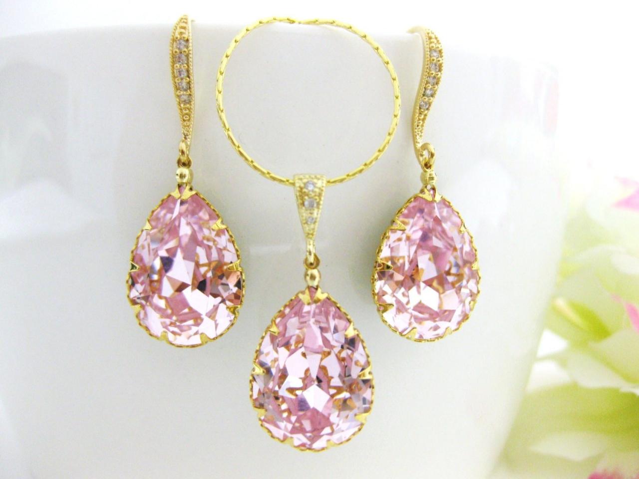 Bridal Blush Pink Teardrop Earrings & Necklace Gift Set Swarovski Rosaline Crystal Wedding Jewelry Bridal Jewelry Bridesmaids Gift