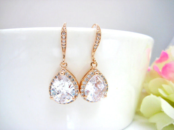 Bridal Cubic Zirconia Earrings Rose Gold Earrings Bridal Crystal Earrings Wedding Jewelry Bridesmaid Gift Sparky Earrings (e032)