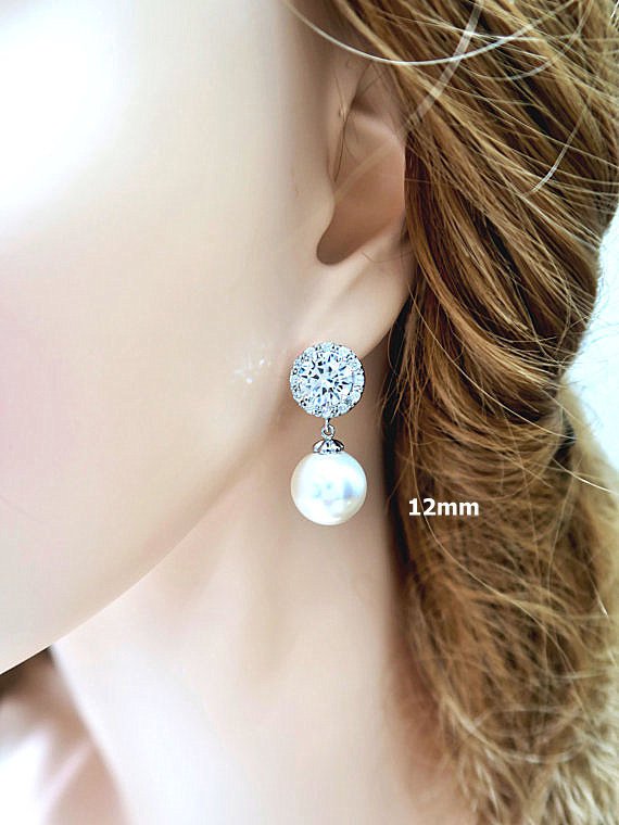 Bridal Pearl Earrings Wedding Jewelry Swarovski 12mm Round Pearl Earrings Lux Cubic Zirconia Earrings Bridesmaid Gift (e215)