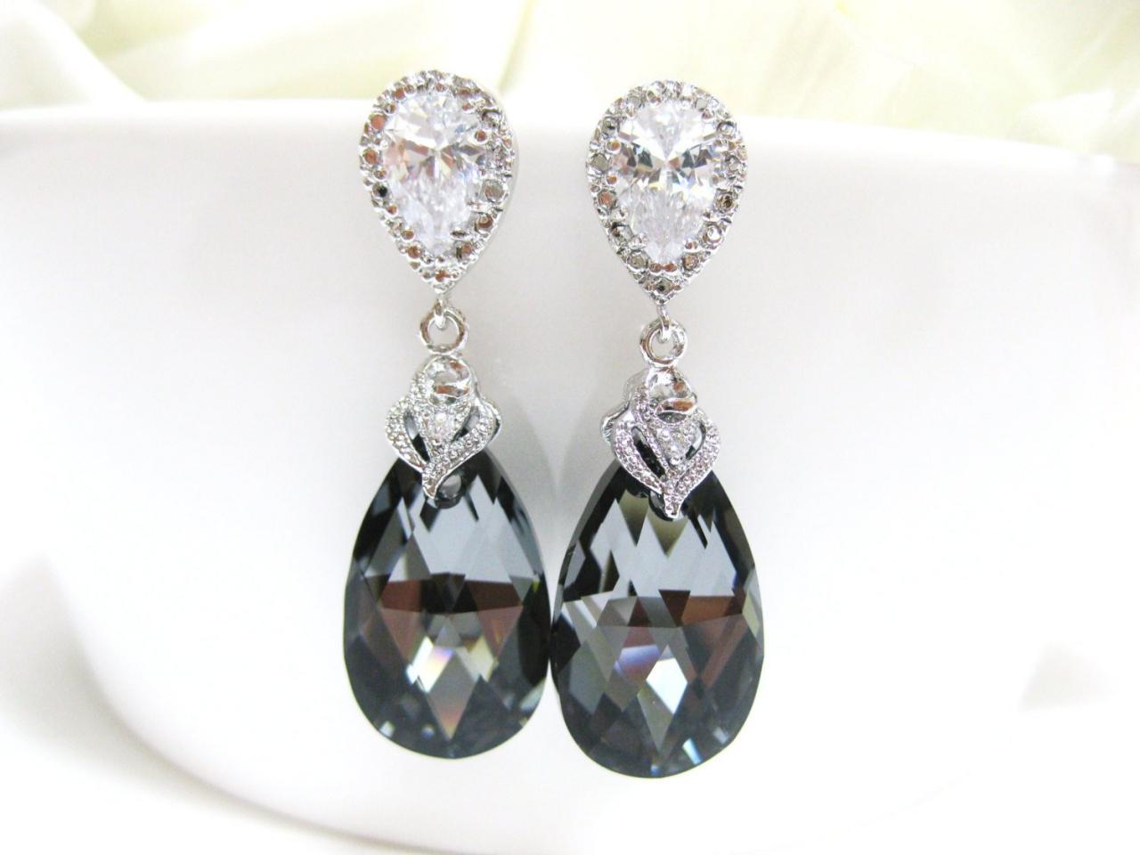 Silver Night Black Swarovski Crystal Tear Drop Earrings Wedding Bridesmaid Earrings Bridal Jewelry Sterling Silver Ear Posts (e015)