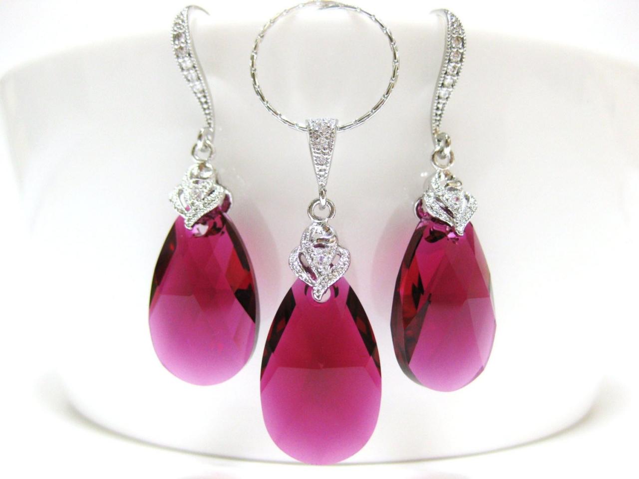 Ruby Fuchsia Teardrop Earrings & Necklace Gift Set Swarovski Pink Crystal Wedding Jewelry Bridal Pink Jewelry Bridesmaids Gift (ne005)