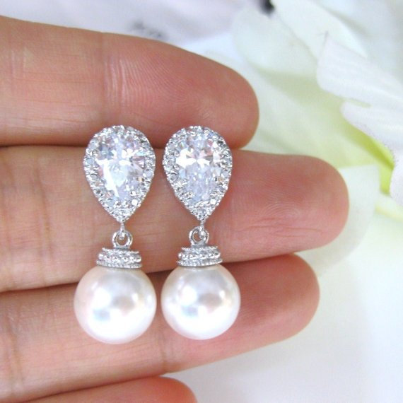 Bridal Pearl Earrings Wedding Pearl Jewelry Swarovski 10mm Round Pearl Bridesmaid Gift Dangle Drop Earrings Cubic Zirconia Earrings (e014)