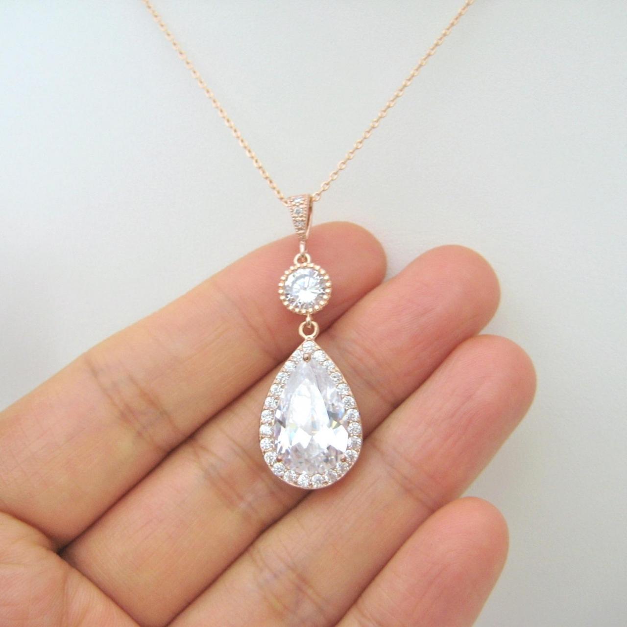 Rose Gold Wedding Necklace Bridal Clear Crystal Necklace Large Cubic Zirconia Teardrop Necklace Bridesmaids Gift Dangle Long Necklace (n003)