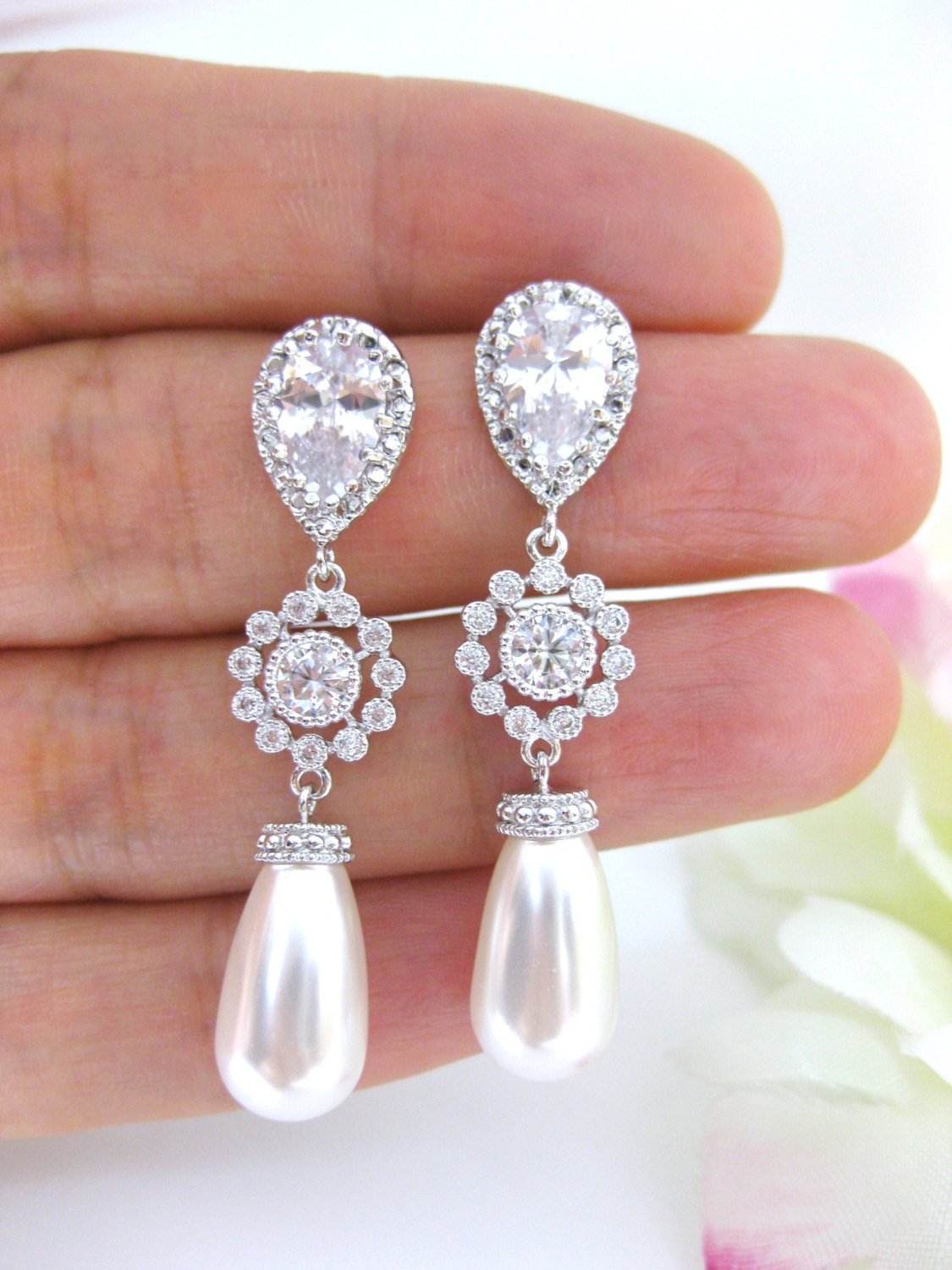 Pearl Bridal Earrings Wedding Jewelry Swarovski Teardrop Pearl Bridesmaid Gift Cubic Zirconia Earrings Long Bridal Earrings (e114)