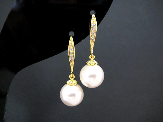 Bridal Pearl Earrings Swarovski 10mm Round Pearl Gold Earrings Wedding Jewelry Bridesmaid Gift Ear Hooks Drop Earrings (e004)